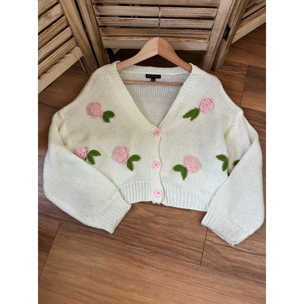 Aqua Blues Cream Cropped Cardigan with 3D Crochet Pink Roses XL Cottagecore Fall
